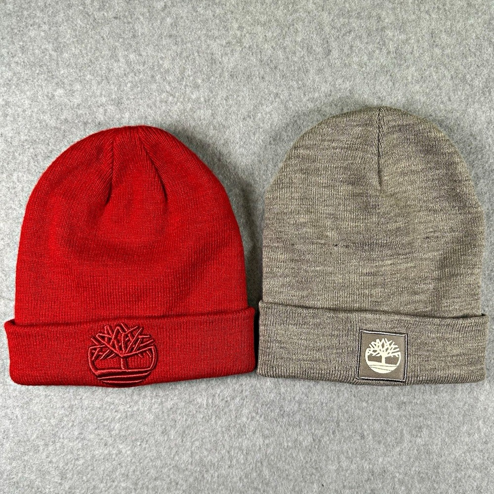 Timberland Beanie Hat Lot Red Gray One Size Tree Logo Patch Stretch Fall Winter